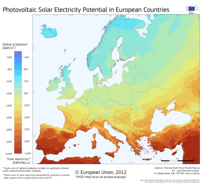Globalstrahlung in Europa - Potenzial elektrischer Energie durch Photovoltaik